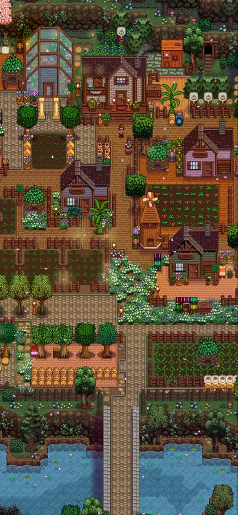 Stardew Valley Farm Layout Riverlands Aesthetic, Pretty Stardew Valley Farm, Stardew Valley Spouse Area, Stardew Valley Farm Setup, Stardew Valley Multiplayer Farm Layout, Cottagecore Stardew Valley, Star Dew Valley Farm Names, Stardew Valley Stable Ideas, Stardew Valley Farm Layout 2 Players