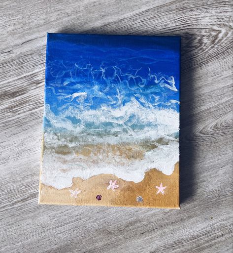 Beach Waves Acrylic Painting, Shore Painting, Beach Sand Art, Starfish Painting, Sand Drawing, Crafts 2023, Salt Painting, Painting Reference, Beach Inspo