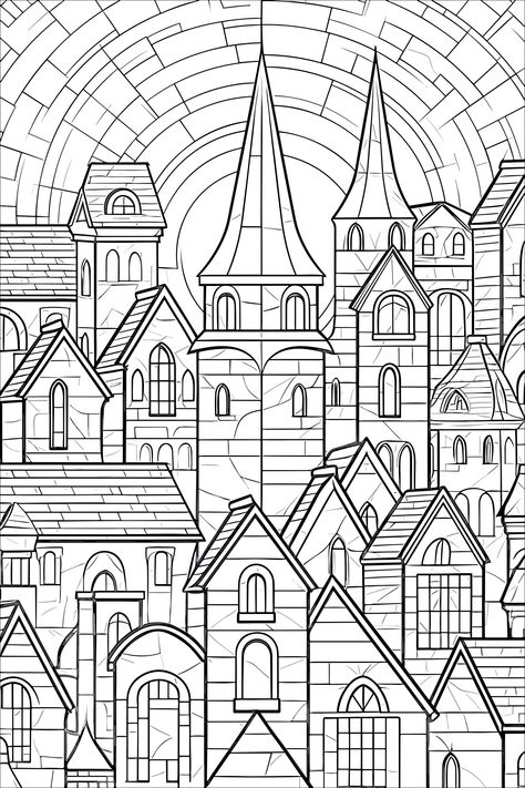 Medieval Town Drawing, Mosaic Coloring Pages, Towers Architecture, Stained Glass Coloring Pages, Garden Coloring Pages, Abstract Coloring Pages, Stitching Ideas, Detailed Coloring Pages, City Drawing