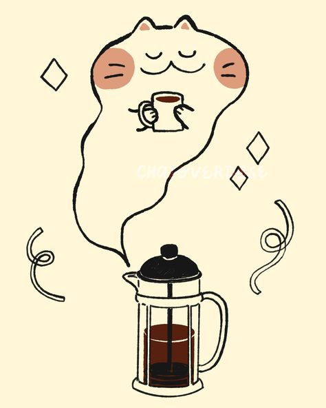 The spirit of fresh French press coffee ☕️✨ . #illo #sketch #doodle #cat #catlover #illustration #cutecat #coffeetime #coffeeholic #catlove #coffeelovers #cozy #frenchpress #freshlybrewed #digitalillustration #procreate #ipadart #kitty #catto #draweveryday #drawdaily #sketch_daily #stickerart #illust #illustree #illustrationartists #catillustration French Press Illustration, Cat With Coffee, Press Illustration, Coffee Doodle, Coffee Illustration, French Press Coffee, Ipad Art, Illustration Artists, Cat Illustration