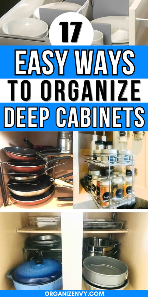 Collage of photos showing organization ideas for deep kitchen cabinets. Best Ways To Organize Kitchen Cabinets, Ways To Organize Kitchen Cabinets, Organize Deep Narrow Cabinets, What To Store In Deep Kitchen Cabinets, Storage Ideas For Tupperware, Kitchen Organization Ideas Utensils, Diy Cabinet Storage Organizers, Under Stove Cabinet Organization, Diy Cabinet Storage Ideas