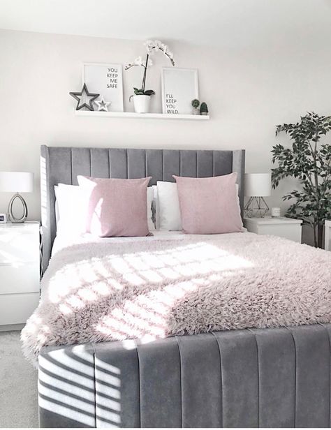 Grey Bed Frame Bedroom Ideas, Grey Bedroom Decor Ideas, Sleeping Room Design, Pink And Grey Room, Grey Bed Frame, Grey Bedroom Decor, Sage Green Bedroom, Luxury Room Bedroom, Keep Me Safe