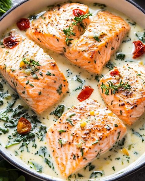 Garlic Butter Baked Salmon in Lemony Parmesan Cream Sauce – Foodyhealthylife Lemon Butter Dill Sauce For Salmon, Dill Cream Sauce Salmon, Salmon With Sauce, Creamy Garlic Salmon, Dill Cream Sauce, Mediterranean Salmon, Dill Salmon, Sauce For Salmon, Creamy Parmesan Sauce