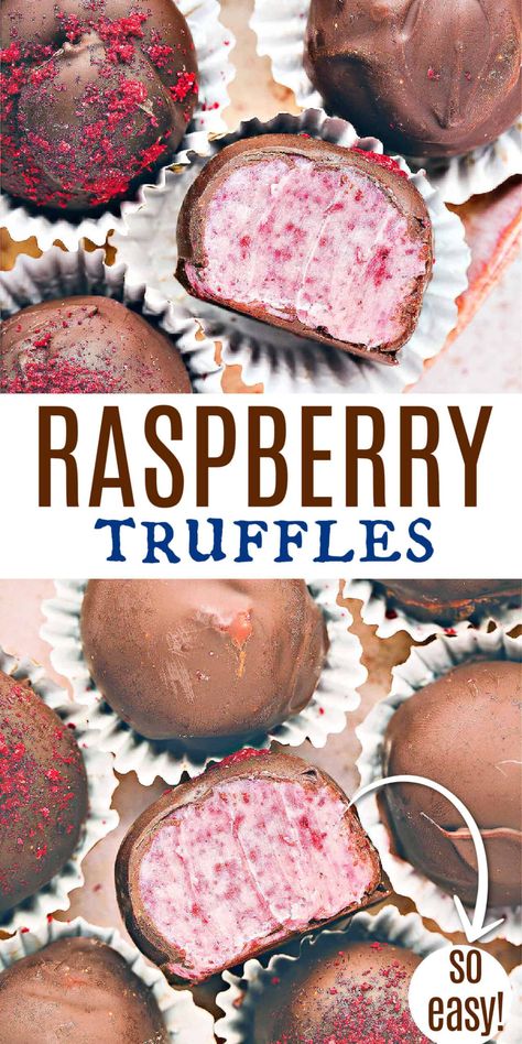 These Raspberry Truffles have a creamy, gorgeous center and a crunchy dark chocolate shell for a delicious - and no-bake - dessert that's sure to impress! Chocolate Cherry Truffles Recipe, Candies To Make For Christmas, Truffles That Dont Need Refrigeration, Candy Balls Recipe, Cool Whip Truffles, Homemade Truffles Chocolate, Blackberry Truffles, Fruity Christmas Desserts, Treats To Make For Christmas