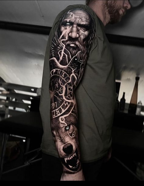 Norse Tattoo Sleeve Vikings, Nordic Mythology Tattoo Sleeve, Nordic Full Sleeve Tattoo, Norse Leg Sleeve, Thor Sleeve Tattoo, Norse Mythology Tattoo Men, Irish Viking Tattoos For Men, Viking Tattoos Arm, Viking Arm Sleeve Tattoo