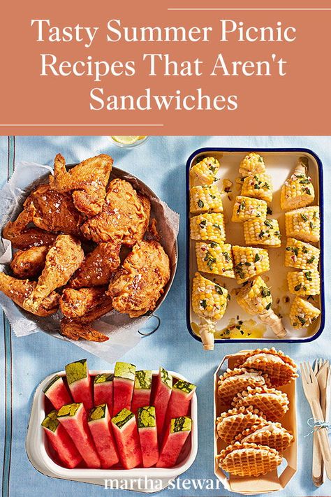 When the weather is glorious this summer and a trip to the beach or park beckons, make a day of it by packing an outdoor-friendly meal you can linger over for hours. Make one or a few of these summer picnic recipes for a delicious and quick meal outside. #marthastewart #recipes #recipeideas #summerrecipes #summerdinners #summer Recipes For Picnics, Summer Picnic Recipes, Family Picnic Food, Cold Finger Foods, Summer Picnic Food, Finger Food Recipes, Picnic Recipes, Picnic Dinner, Kids Picnic