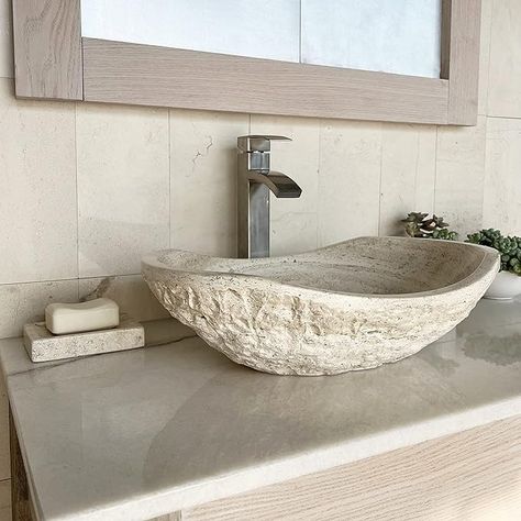 EDUPET Tan Travertine Chiseled Stone Bathroom Vessel Sink - Oval Canoe Shape - 100% Natural Marble, Hand Carved - Free Matching Soap Tray - Amazon.com Travertine Bathroom, Stone Vessel Sinks, Bathroom Decor Luxury, Stone Bathroom, Rustic Bathroom Decor, Travertine Stone, Stone Basin, Rustic Bathrooms, Stone Sink