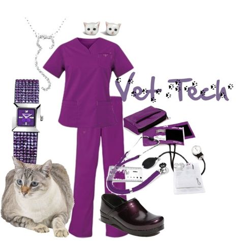 Vet Tech  My dream uniform! Veterinarian Outfit, Vet Tech Outfit, Vet Tech Aesthetic, Shinny Shoes, Vet Tech Scrubs, Purple Scrubs, Veterinary Nursing, Veterinarian Technician, Vet Scrubs