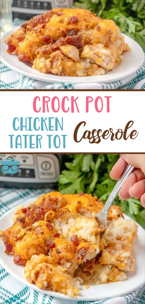 This Crock Pot Chicken Tater Tot Casserole is a family favorite. Tater tots, cheese, chicken and bacon. A whole meal in one! Tater Tot Casserole Crock Pot, Cheesy Chicken Tater Tot Casserole, Crock Pot Cheesy Chicken, Chicken Tater Tot Casserole, Health Lunch, Chicken And Bacon, Crockpot Casserole, Easy Dinner Recipes Crockpot, Tot Casserole