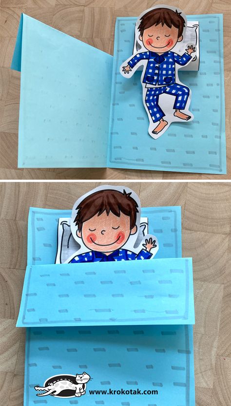 krokotak | DIY Good Night card Sleep Activities For Preschool, Sleep Activities, Pajama Day Craft, Night Activities For Kids, Good Night Drawing Cute, Sleep Activities For Kids, Scrapbook For Kids, Sleeping Bag Craft, Kindergarten Drawing