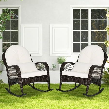 This comfortable patio rocking chair allows you to better enjoy leisure time. With sturdy base and bottom stopper, the rocking chair is safe and stable for you to use. The ergonomically designed seat also offers you endless comfort. Apart from that, the seat cushion, back cushion and waist pillow make the seat much softer to sit, bringing you a soothing relaxing experience. The rocking chair is also solid and durable with the reinforced metal frame and premium PE rattan. If you want to find a co Rattan Rocking Chair, Wicker Rocking Chair, Patio Rocking Chairs, Outdoor Rocking Chairs, Ergonomic Chair, Garden Chairs, Mudroom Furniture, Outdoor Patio Furniture, Seat Cushion