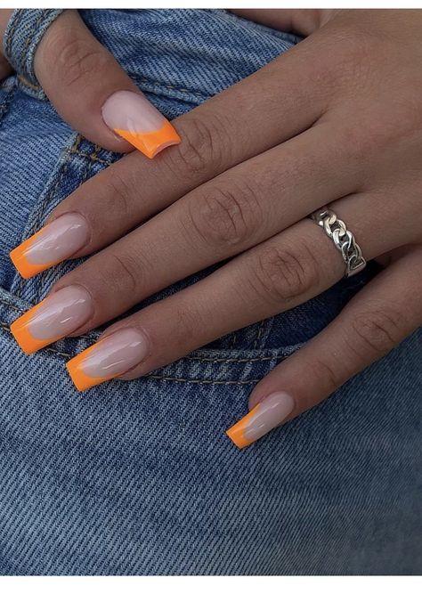 Short Orange French Tip, Orange French Tip Nails Coffin, Orange French Tip Coffin, Nail Inspo Summer Orange, September Nails Square, Tangerine Nails Design, Summer French Nails 2024, French Nails Colour, Orange French Tip Nails Acrylics