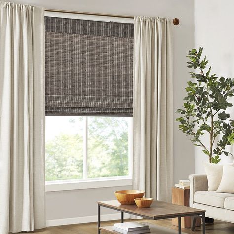 Roman Shades In Living Room, Bamboo Roman Shades, Cordless Roman Shades, Woven Wood Shades, Bamboo Light, Bamboo Blinds, Home Decor Colors, Bamboo Shades, Panel Light