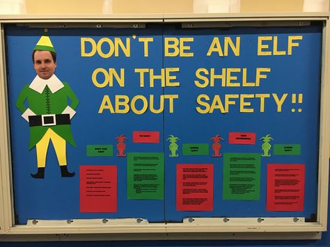 Christmas safety bulletin board Work Safety Board Ideas, Safety Decoration Ideas, Safety Fair Ideas Work, Safety Board Ideas For Work, Safety Committee Ideas, Safety Boards For Work Ideas, Safety Bulletin Board Ideas, Workplace Safety Activities, Workplace Safety Bulletin Boards