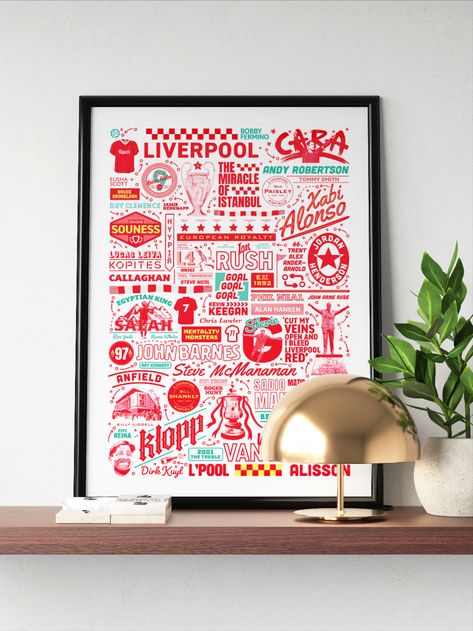 A typographic poster featuring famous characters, achievements and events in the history of Liverpool FC. This poster print would make the perfect gift for any Liverpool supporter, whether it be your dad, your boyfriend or a best friend. It features legendary figures of the club such as Bill Shankly, Bob Paisley, Ian Rush, King Kenny, Mo Salad and Steven Gerrard. This is a piece of Liverpool FC Wall Art packed with important fan references. Liverpool Bedroom, Bob Paisley, Liverpool Gifts, Ian Rush, Liverpool Poster, Bill Shankly, King Kenny, Football Artwork, Liverpool History