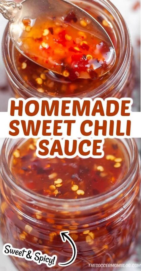 This homemade sweet chili sauce from the Soccer Mom Blog is amazing! It is sweet, spicy, and full of flavor. It is best served as a dipping sauce for your favorite food. Try it this weekend! Homemade Sweet Chili Sauce, Sweet Chili Sauce Recipe, Chili Sauce Recipe, Homemade Sauce Recipes, Homemade Condiments, Asian Sauce, Homemade Spices, Homemade Seasonings, Sweet Chilli