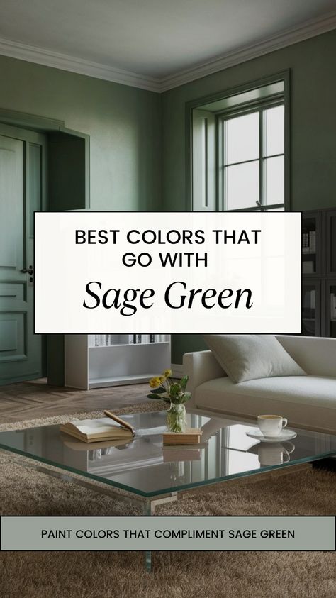 Here are a compliment of colors that work well with Sage Green. Depending on your goal, there are a variety of perfect colors to match with Sage Green in your living space. Paint Colors That Compliment Sage Green, Light Sage Living Room Color Scheme, Sage Green House Color Palette, Sage Green Wall Color Living Room, Sage Green And Cream Paint, Sage Green Wall Living Room Ideas, Sage Green And Blue Interior, Sage Green Accent Wall Office, Sage Green Whole House Color Scheme