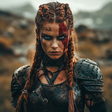 Celtic Face Paint Women, Roman Warrior Woman, Woman Warrior Costume, Viking Outfit Woman Warriors Medieval, Barbarian Woman Makeup, Warrior Queen Makeup, Womens Viking Braids, Diy Viking Makeup Woman, Women Viking Outfits