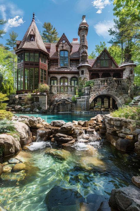 Houses In Hills, Beautiful Farm Homes Dream Houses, Pretty House In The Woods, Back Of House Design, Castle Aesthetic House, Different Architecture Styles, Moat Around House, Fairytale House Aesthetic, My Future House