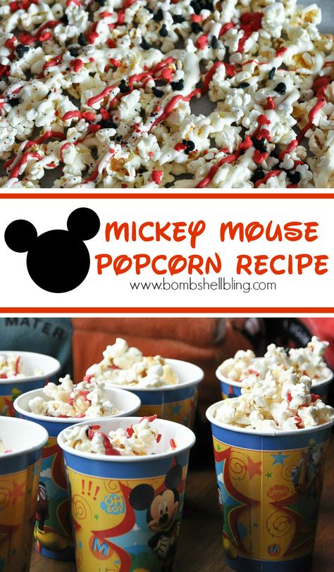 I love this cute Mickey Mouse inspired popcorn!  Perfect for a Disney Party!! #mickeymouse #disney #disneyside Cars Birthday Party Food, Mickey Mouse Popcorn, Cupcakes Minnie Mouse, Disney Cars Birthday Party, Disneyland Party, Birthday Party Food Ideas, Bd Design, Lilypad Cottage, Party Popcorn