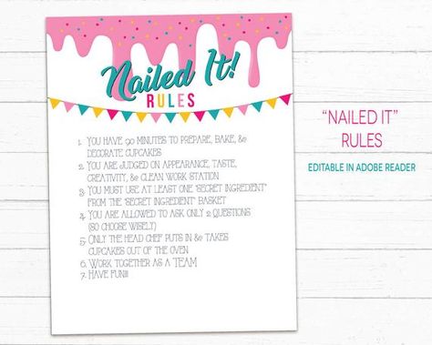 INCLUDED IN THIS LISTING---------- 1 PDF page Nailed It! Rules. This file is editable so you can make your own rules! Just open in Adobe reader and type over the text. File will be available to download immediately after purchase. Coordinating Nailed It! INVITATION & PRINTABLES can be Nailed It Birthday Party, Nailed It Party, Birthday Rules, It Birthday Party, Quarantine Party, Block Party Invitations, Baking Birthday Parties, Cake Decorating Party, Community Ideas