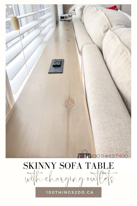 Sofa Saviour: How to build a skinny sofa table 'Charging Haven' (because outlets are life!) Build Behind Couch Table, Couch Console Table Diy, Behind The Couch Table With Outlet, Diy Behind The Couch Table With Outlet, Behind The Couch Table Diy, Diy Console Table Behind Couch, Diy Sofa Table Behind Couch, Behind Couch Table Diy, Sofa Table Behind Couch Against Wall