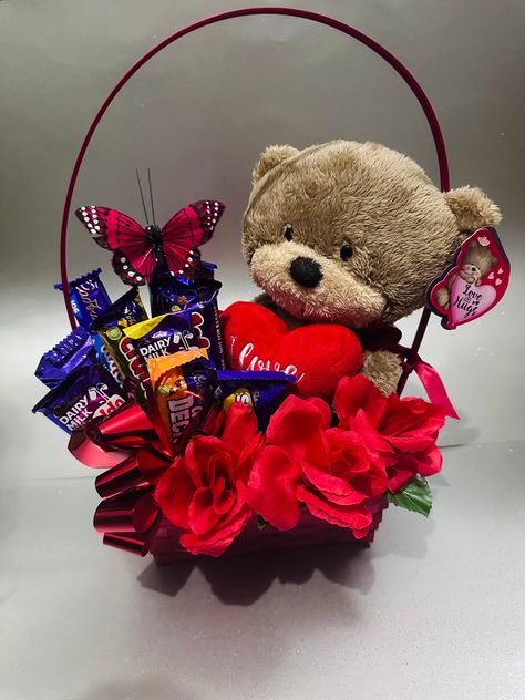 Teddy Bear Gift Hamper, Valentines Day Gift Baskets, Valentines Hamper, Teddy Bear Gift Basket, Bouquet Butterfly, Cadbury Chocolate Bars, Hamper Gift Basket, Red Basket, Valentine's Day Gift Baskets