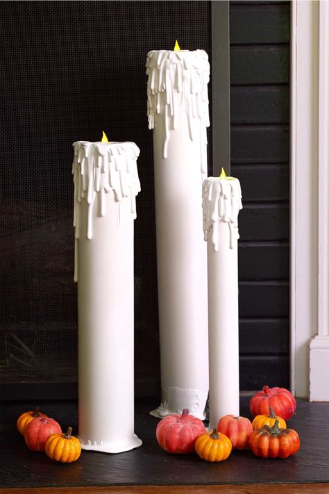 Drippy Candles- article says PVC pipe...cheaper version: paper towel rolls Drippy Candles, Diy Halloween Dekoration, Easy Diy Halloween Decorations, Spooky Home Decor, Homemade Halloween Decorations, Creepy Decor, Easy Halloween Decorations, Spooky Halloween Decorations, Homemade Halloween