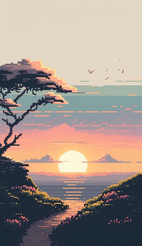 Pixel Art Phone Wallpaper, Art Phone Wallpaper, Pixel Art Landscape, Mobile Phone Wallpaper, Pixel Art Background, Arte 8 Bits, Cool Pixel Art, Art Sunset, Phone Art