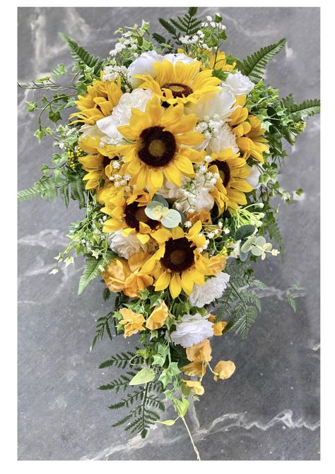 Cascading Sunflower Bouquet, Sunflower And Sage Bouquet, Sunflower Cascade Bouquet, Green And Sunflower Wedding Theme, Rustic Sunflower Bouquet, Cascading Sunflower Bridal Bouquet, Shrek Wedding, Wedding Redo, Fern Bouquet