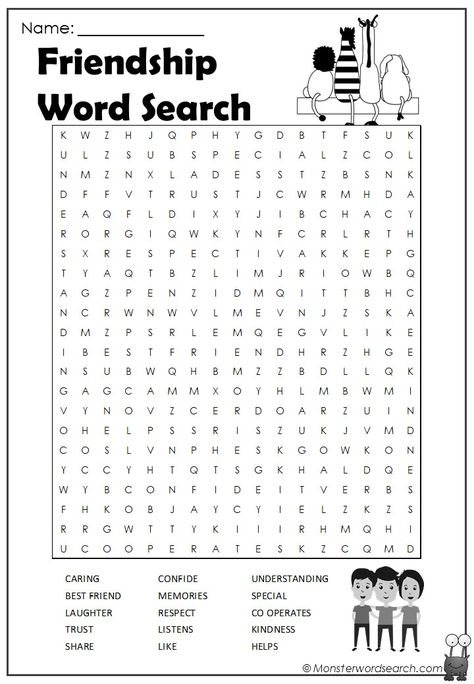 nice Friendship Word Search Friendship Games For Kids, Friendship Word Search, Word Puzzles For Kids, Friendship Printables, Kids Word Search, Friendship Words, Free Printable Word Searches, Friendship Activities, Word Search Printables