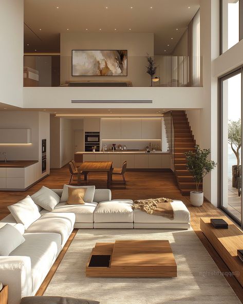 Big House Interior Aesthetic, Modern Classy House Interior, Modern Loft Aesthetic, House Design Modern Minimalist, Types Of Houses Styles Interiors, High Roof Living Room, Big Living Room Aesthetic, Small Modern House Interior, Japanese House Aesthetic Modern