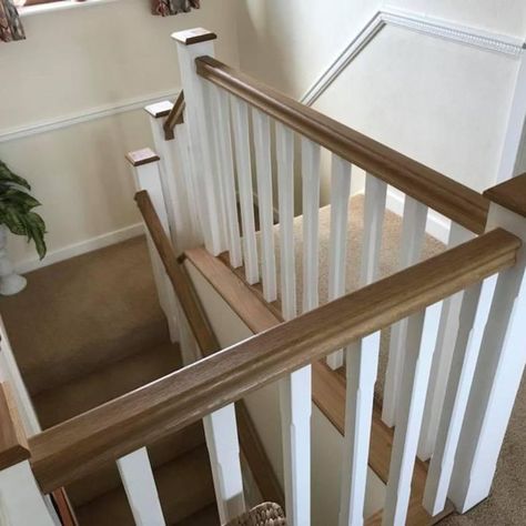 Handmade staircase! Solid Oak Bannister with White painted Spindles and Newel Posts⭐ White And Wood Bannister, White And Oak Bannister, Stair Case Spindles, Spindle Ideas Staircase, White And Wood Banister, Square Spindles Staircase, White Spindles Oak Handrail, Bannister Renovation, White And Oak Staircase