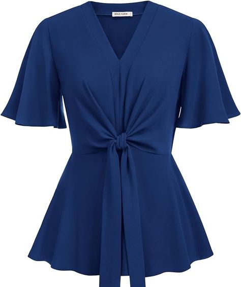 Women's Navy Blue Peplum Tops V Neck Bell Sleeve Tops Tie Front Elegant Blouses L at Amazon Women’s Clothing store Bell Sleeve Shirt, Peplum Tops, Fitted Blouses, Womens Tops Summer, Peplum Blouse, Tie Blouse, Dressy Tops, Business Casual Outfits, Bell Sleeve