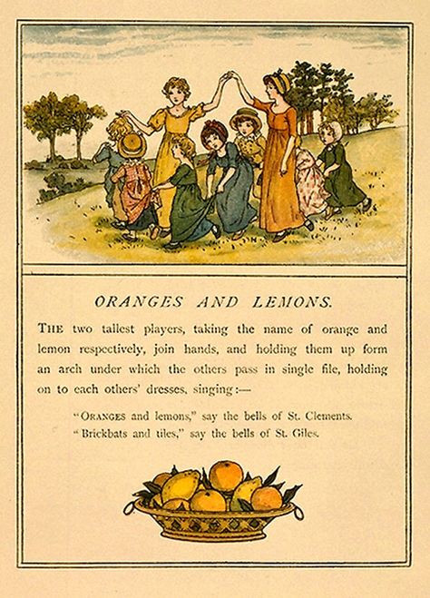 Unknowingly when we sing these nursery rhymes we engage our child with centuries-old tradition that seems harmless Old Nursery Rhymes, Museum Of Childhood, Childrens Poems, Kate Greenaway, Girl Swinging, St Clement, Oranges And Lemons, Childrens Games, Children's Book Illustration