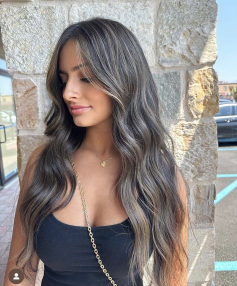 Dark Brown Hair With Blonde Dimension, Full Head Colour, Dark Hair With Some Blonde, Brunette With Pops Of Blonde, Adding Highlights To Dark Hair, Ash Brunette Balayage, Dark Blonde Ash Hair, Dark Brown Hair With Cool Highlights Ash Blonde, Brunette Dimension