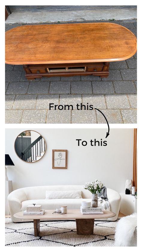 Before and after of oval wood coffee table makeover Restaining Wood Coffee Table, Diy Painting Coffee Table, Lift Top Coffee Table Makeover, Diy Coffee Table Oval, Furniture Flip Coffee Table, Coffee Table Legs Diy, Diy Coffee Table Legs Ideas, Diy Coffee Table Modern, Oval Coffee Table Diy