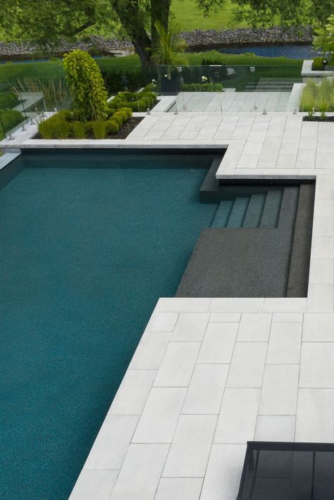 inground pool Modern Pool Pavers, Infinity Pools Backyard Ideas, Pool Stone And Tile Ideas, Inground Pool Landscaping Ideas, Modern Pool Tile Ideas, Pool Coping And Tile, Pool Coping Ideas, Infinity Pool Backyard, Infinity Pool Design