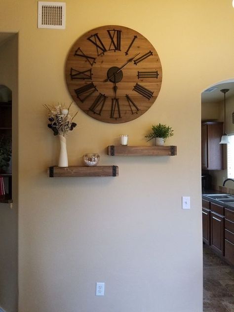 Wall Clock Decor Living Room Ideas, Dining Room Clock, Corner Wall Decor, Wall Clock Decor Living Room, Rustic Farmhouse Wall Decor, Decor Makeover, Small Wall Decor, Floating Shelf Decor, Living Room Clocks