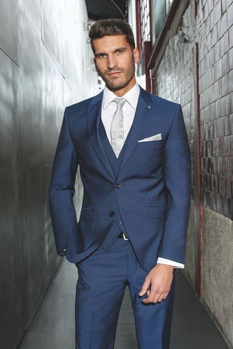 How To Wear Blue Suits for Every Occasion - The Trend Spotter White Tuxedo Wedding, Wedding Suits Men Black, Men Suits Blue, Wedding Tux, Suits Prom, Wedding Suits Groom, Groom Tuxedo, Suits Men, Vest And Tie