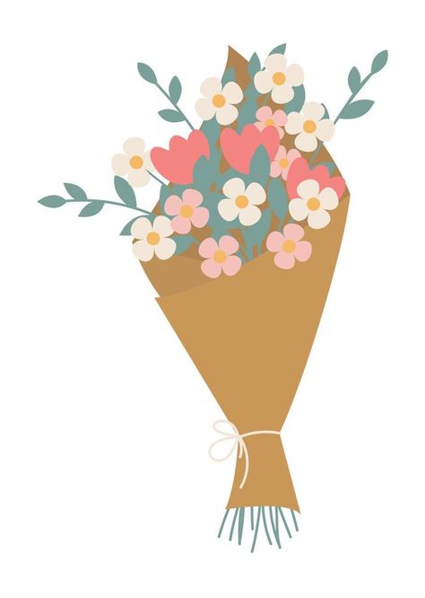 Bouquet Of Flowers Illustration, Gouache Florals, Flower Bouquet Illustration, Beautiful Flower Bouquet, Banner Sticker, Foam Clay, Paper Cute, Spring Formal, Flat Vector Illustration