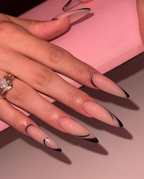 Nails Women, Gel Nails Stiletto, Sharp Almond Acrylic Nails, Long Almond Nails Designs Classy, Long Almond Acrylic Nails Designs, Long Almond, Stiletto Nails Black French Tip, Almond Nail Inspiration, Long Nails Ideas