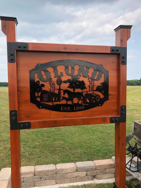 Beautiful background for one of our farm signs! #langleymetalworks #custommetalworks #customfarmsign #customranchsign Diy Farm Signs Entrance, Farm Signs Entrance Driveways, Farm Signs Ideas, Ranch Signs Entrance Gates, Wooden Farm Signs Entrance, Metal Farm Signs, Metal Farm Signs Entrance, Horse Farm Signs Ideas, Farm Signs Entrance