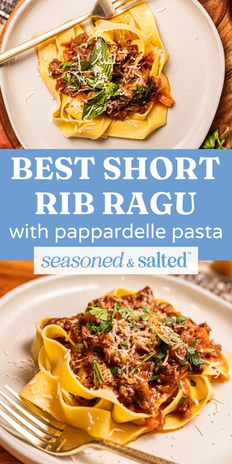 My hearty homemade ragu recipe with short ribs and pasta is the ultimate comfort food. With bold flavors from the slow-coked short rib ragu sauce, your favorite pasta (or polenta), and a topping of fresh parmesan cheese, nothing can beat it! The real star is the browned short ribs that are fall-apart tender. This short rib ragu is delicious as leftovers and is even special enough for Christmas dinner! Braised Short Ribs Pappardelle, Short Rib Pasta Sauce, Short Rib Bolognese Sauce, Braised Short Rib Pappardelle, Pasta Ragu Recipes, Short Rib Ravioli Sauce, Short Rib Pasta Recipe, Short Ribs Ragu, Short Rib Pappardelle