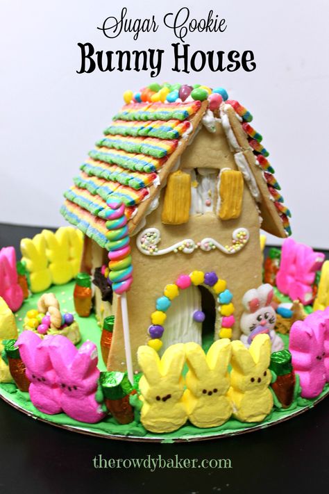 Sugar Cookie Bunny House | The Rowdy Baker Easter Bunny House, Easter Gingerbread House, Ginger House, Candy Egg, Colored Sugar, Cookie House, Candy Flowers, Bunny House, White Icing