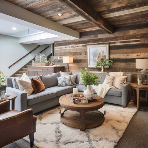 10+ Rustic Basement Ideas for a Cozy Retreat • 333+ Images • [ArtFacade] Rustic Basement Fireplace Ideas, Rustic Family Room Ideas Cozy Living, Cozy Basement Ideas Rustic Modern, Cozy Basement Family Room, Rustic Basement Ideas, Basement Wall Colors, Basement Entertainment, Rustic Basement Bar, Modern Cabin Interior