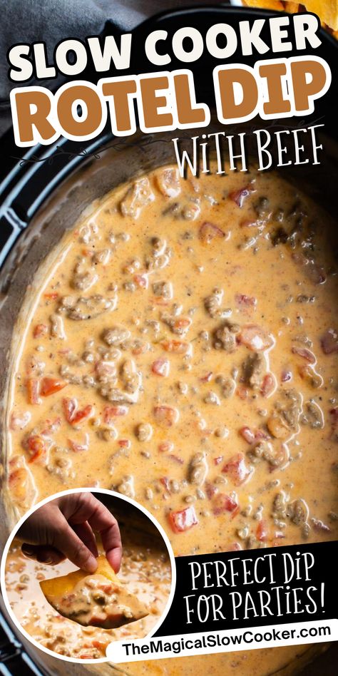 Make Rotel Dip in your slow cooker with Velveeta, ground beef and 2 cans of Rotel Tomatoes. Perfect dip for parties and gameday. - The Magical Slow Cooker Party Snacks Crockpot, Velveeta Dip With Ground Beef, Beef Velveeta Cheese Dip, Rotel Bean Dip, Rotel Dip In Crock Pot, Easy Crockpot Queso Dip Velveeta, Velveeta Nachos Ground Beef, Hamburger Queso Dip Crock Pots, Rotel Dip With Chorizo