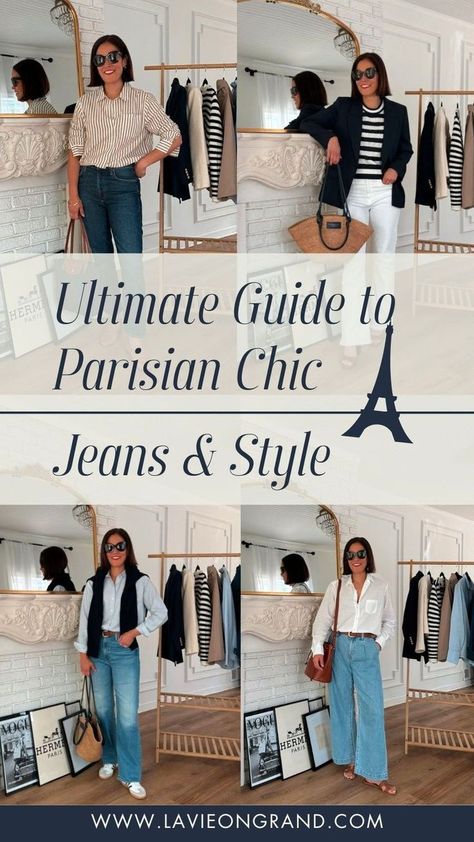 When it comes to elevated casual outfits, high quality denim is an essential component. La Vie on Grand shares Parisian Chic jeans outfits with wide leg jeans, straight leg jeans and more classic everyday fashion. Follow for more women's french chic style. Classic French Style Parisian Chic, French Outfits For Women, Women's French Chic Style, Parisian Chic Style Fall, Parisian Chic Style Winter, Outfits With Wide Leg Jeans, Parisian Summer Style, Parisian Jeans, French Style Parisian Chic