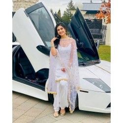 Graceful White Color Punjabi Patiala Suit White Patiala Suit, Fish Cut Gown, Patiyala Salwar, Plazzo Suit, Patiyala Dress, Party Wear Salwar, Kurta Top, Punjabi Salwar, Gown Party Wear