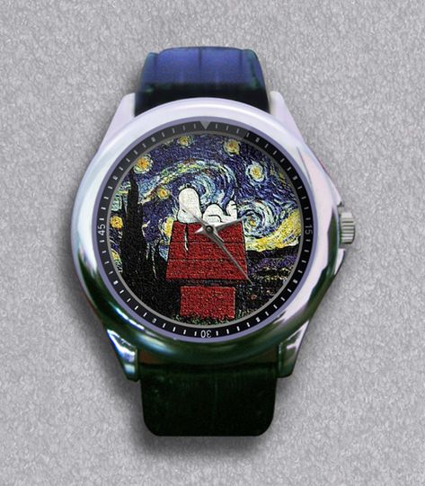 New Peanuts Snoopy Van Gogh Starry Night Leather Wrist Watch Cute Wrist Watch, Weird Watches, Merry Christmas Charlie Brown, Snoopy Merchandise, Weird Watch, Snoopy Watch, Hand Lettering Worksheet, Snoopy T Shirt, Wrist Accessories